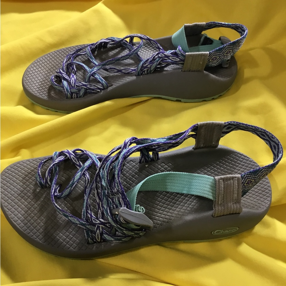 Chaco Grey Women’s Sandals with blue and
Purple Details size 8